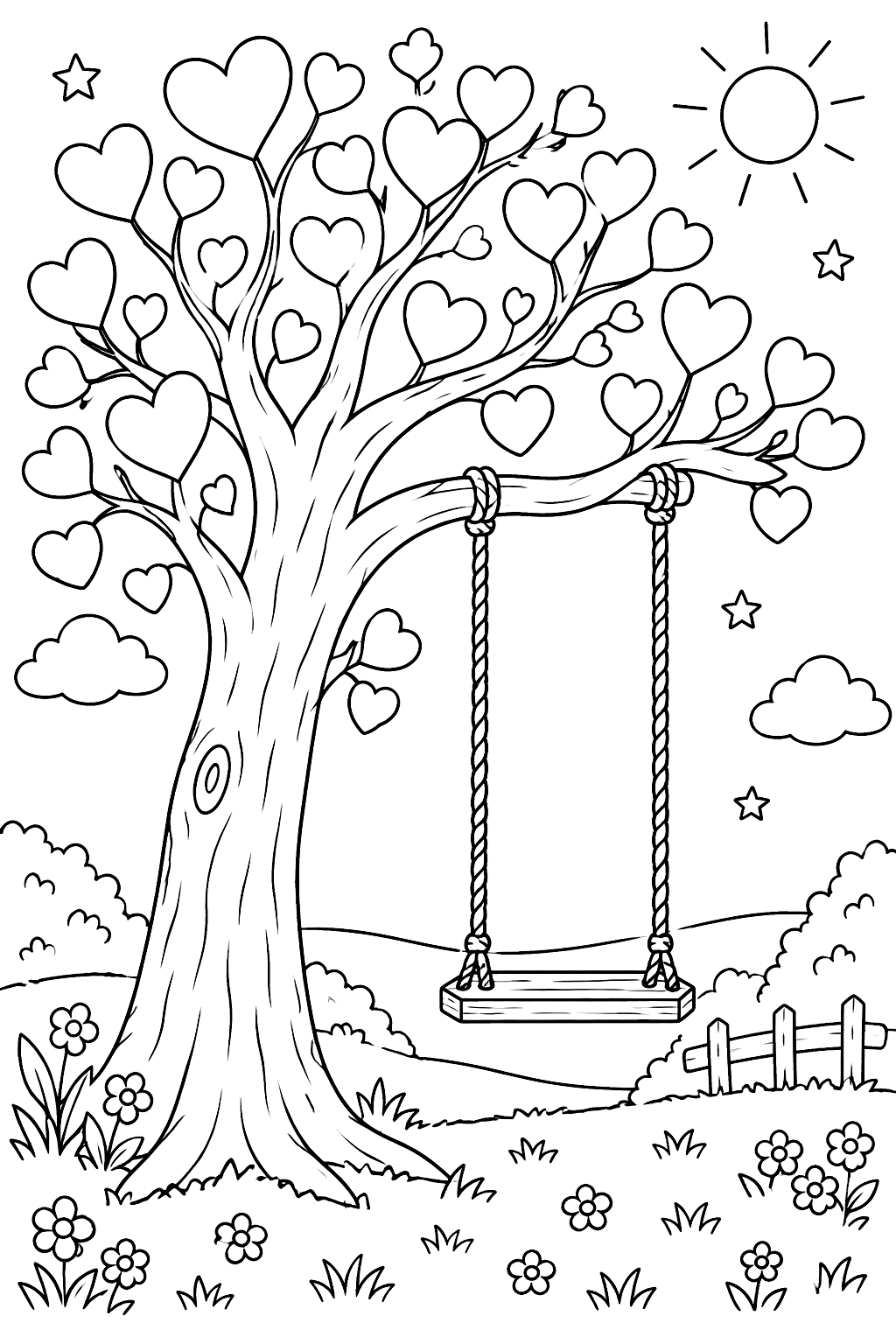 a tree whose leaves are hearts, with a swing hanging from a branch coloring page