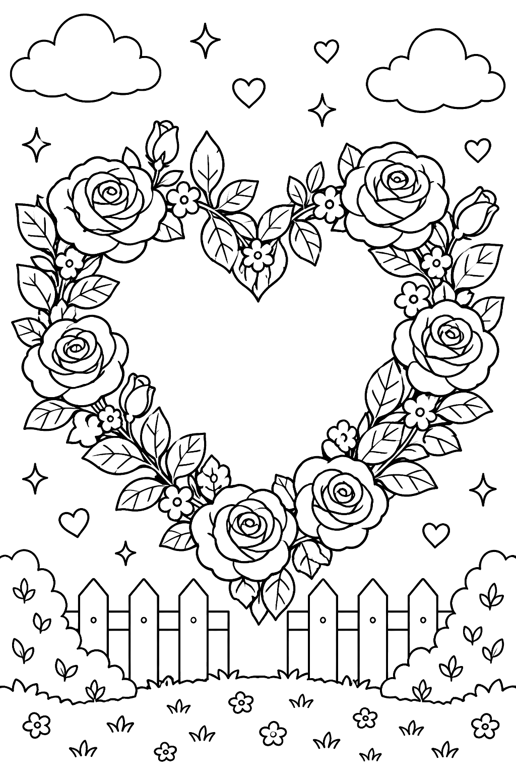 a wreath made of roses and leaves in the shape of a heart coloring page