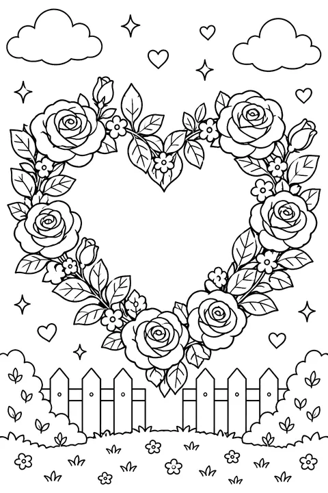 a wreath made of roses and leaves in the shape of a heart coloring page