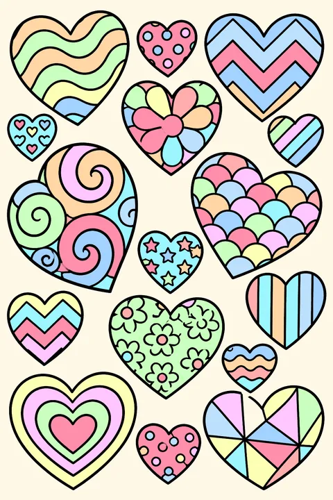 a full page of hearts of different sizes filled with patterns coloring page