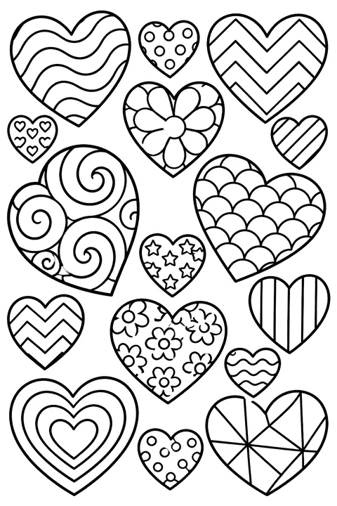 a full page of hearts of different sizes filled with patterns coloring page