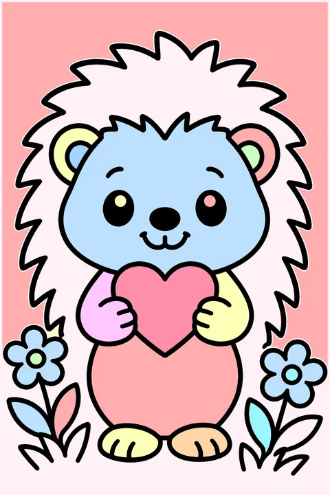 a cute hedgehog holding a little heart in a garden coloring page