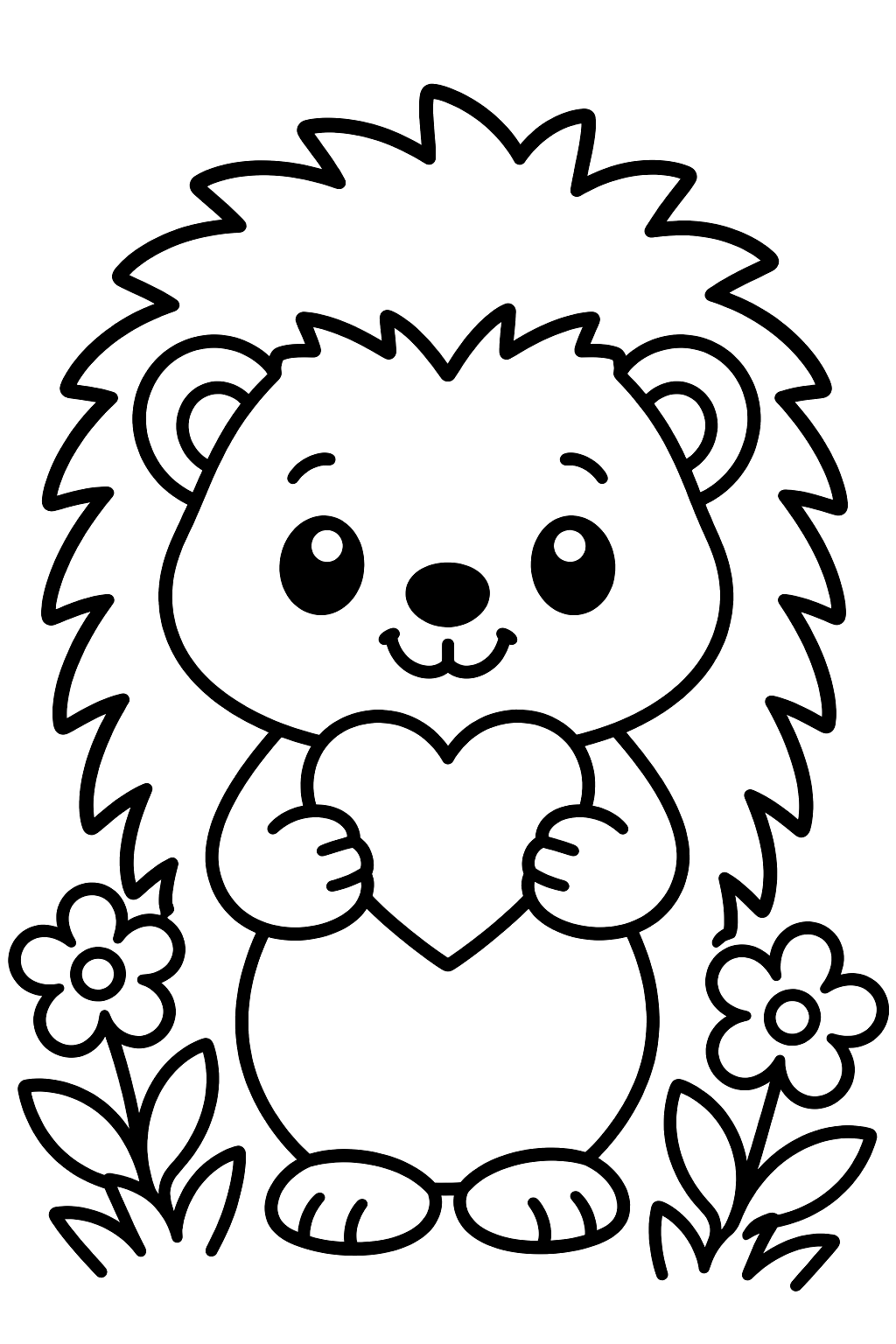 a cute hedgehog holding a little heart in a garden coloring page