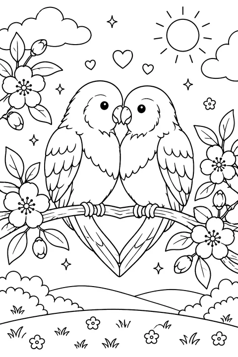 two lovebirds on a branch making a heart shape with their bodies, with blossoms coloring page