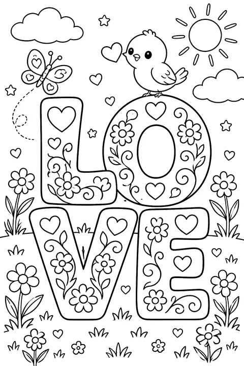 big outline letters spelling LOVE decorated with hearts, flowers and swirls coloring page