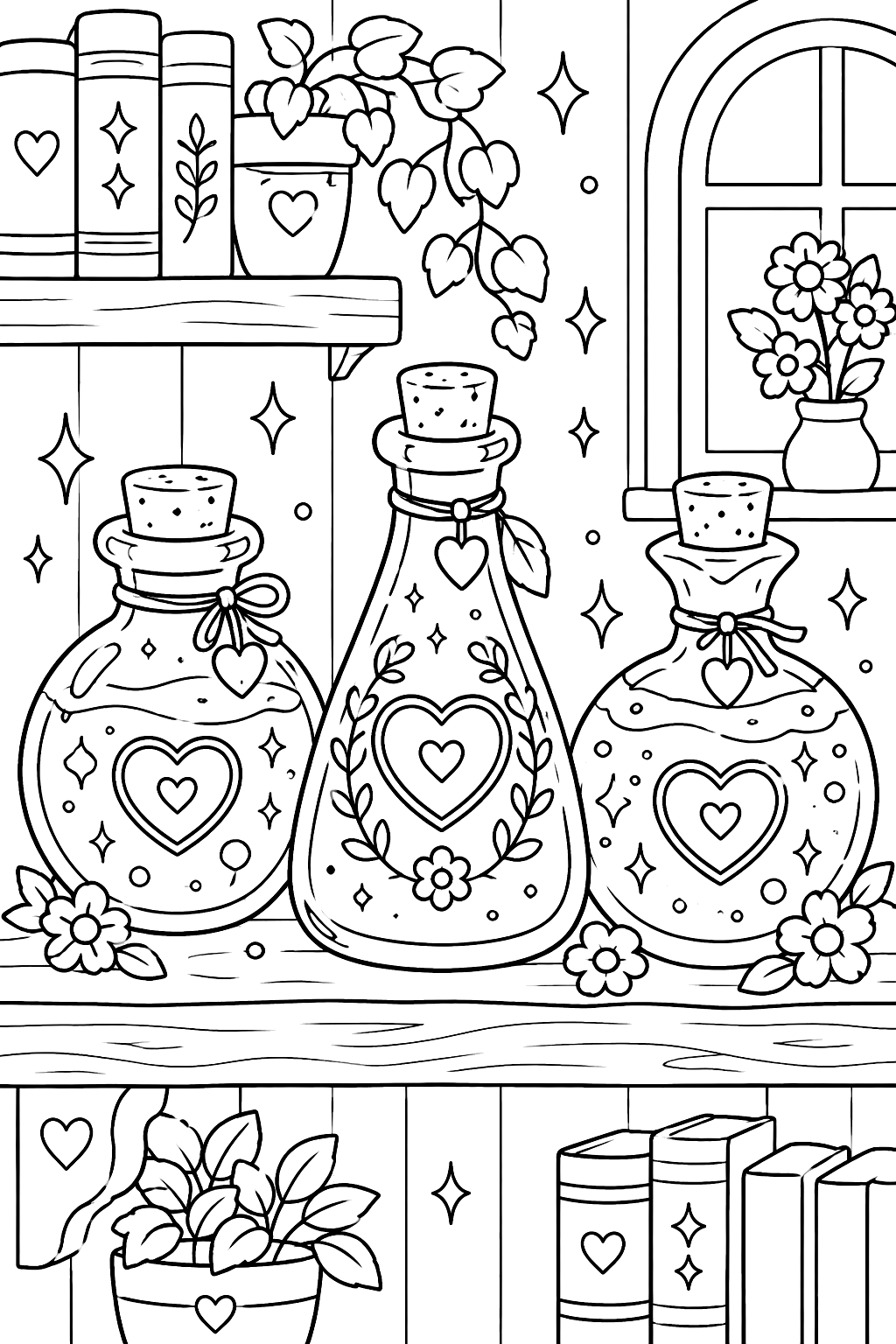three cute potion bottles with heart labels and sparkles on a shelf coloring page
