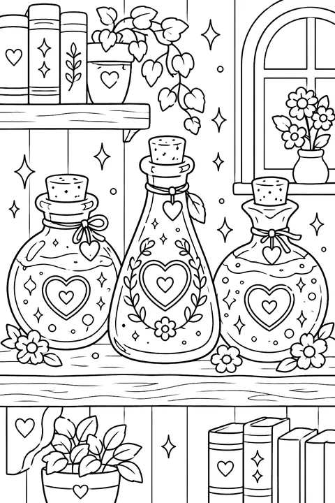 three cute potion bottles with heart labels and sparkles on a shelf coloring page