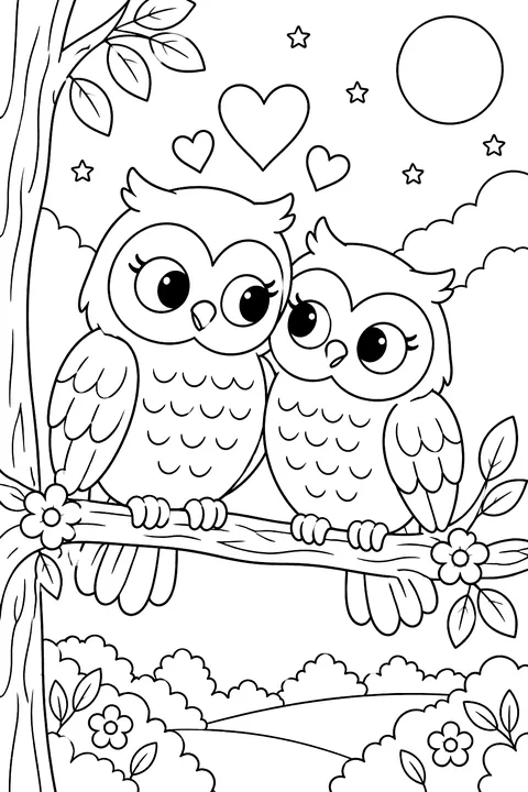two owls sitting on a branch with hearts floating above them coloring page