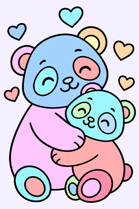 two pandas hugging with hearts floating around coloring page