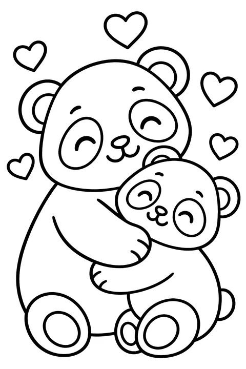 two pandas hugging with hearts floating around coloring page