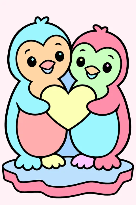 two penguins holding a heart together on the ice coloring page
