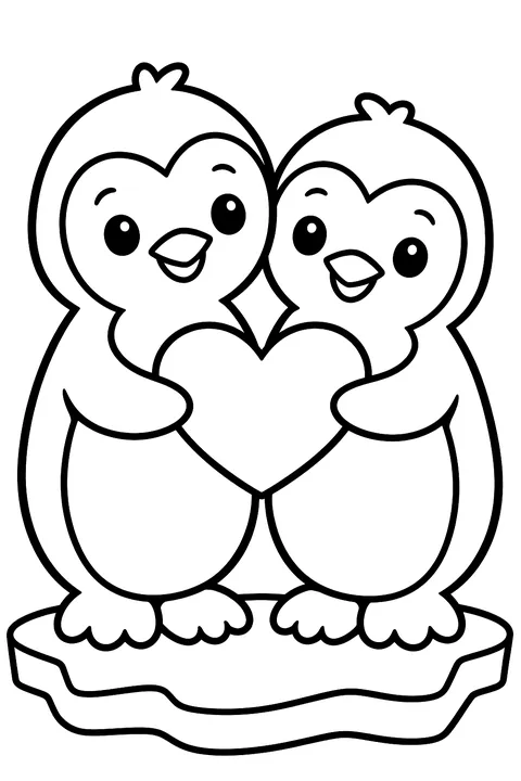 two penguins holding a heart together on the ice coloring page