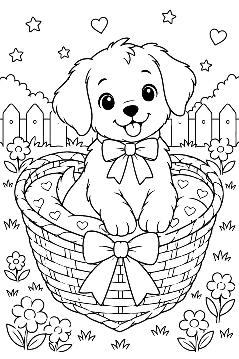 a puppy sitting in a heart-shaped basket with a bow coloring page
