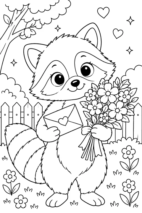 a raccoon holding a bunch of flowers and a valentine envelope coloring page