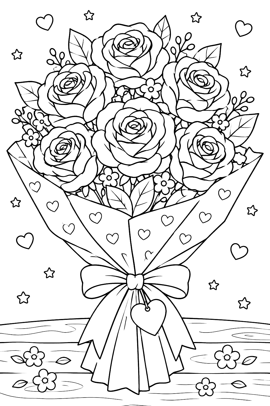 a bouquet of roses wrapped in paper with a ribbon and a small heart tag coloring page