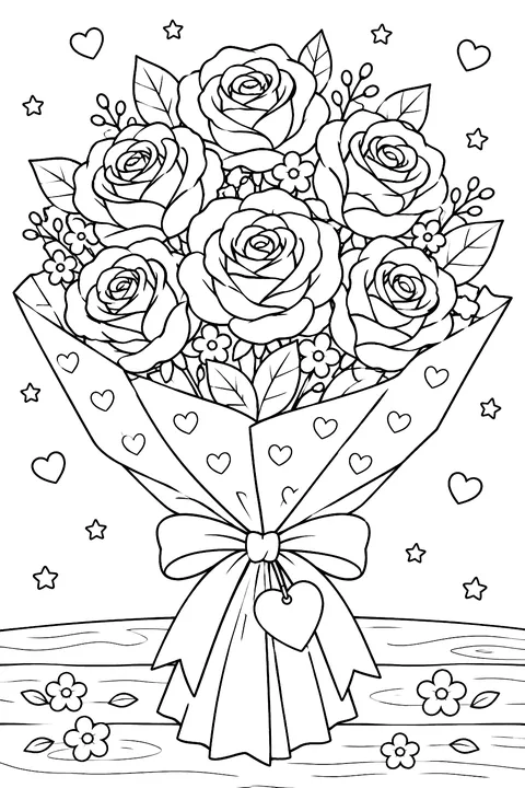 a bouquet of roses wrapped in paper with a ribbon and a small heart tag coloring page