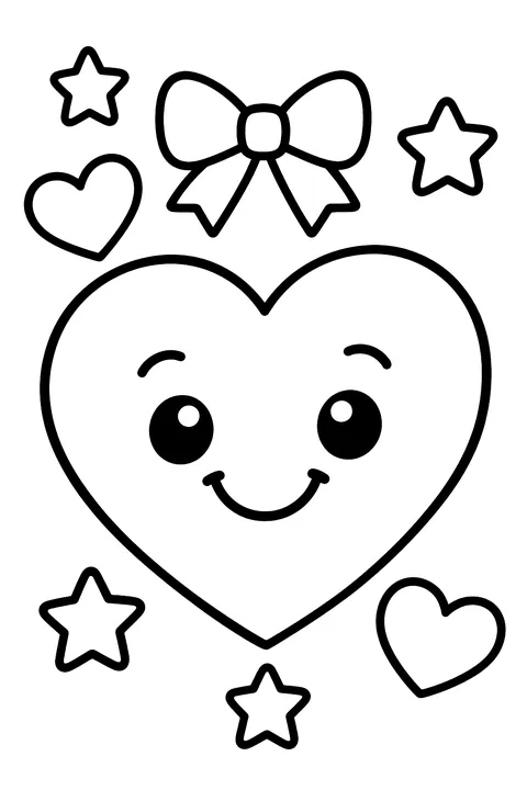 one big heart with a smiling face, two small hearts, a few stars and a bow coloring page