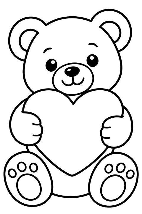 a cute teddy bear hugging a big heart pillow coloring page