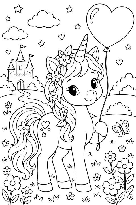 a cute unicorn with a heart-shaped balloon and flowers in its mane coloring page