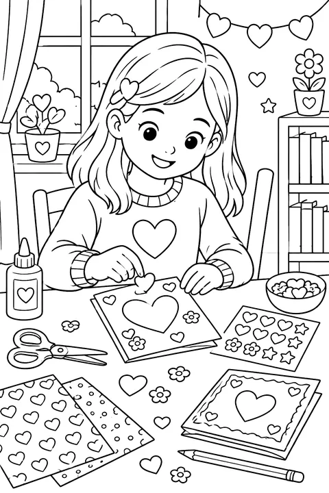 a child making valentine cards at a table with paper, scissors, glue and stickers coloring page