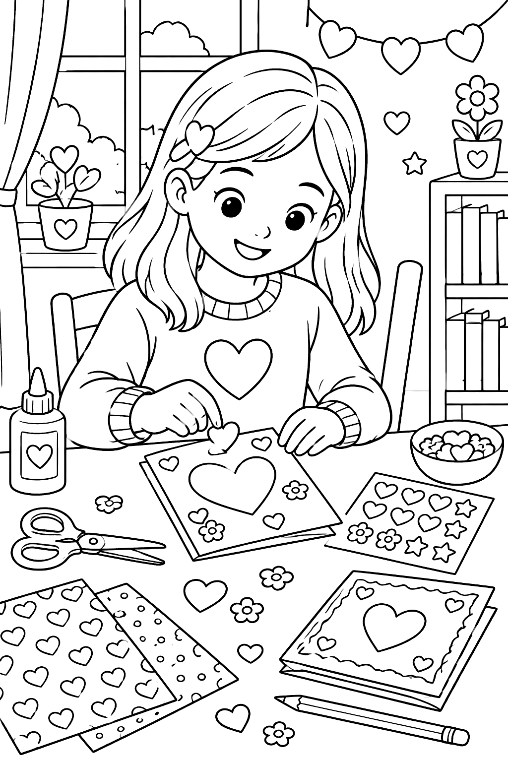 a child making valentine cards at a table with paper, scissors, glue and stickers coloring page