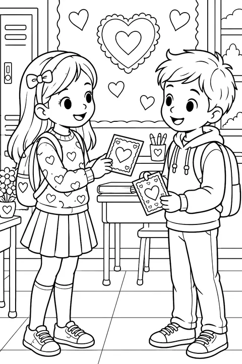 two kids exchanging valentine cards at school with hearts on the wall coloring page