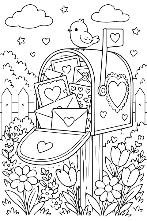 a mailbox stuffed with valentine cards and envelopes with hearts, surrounded by flowers coloring page
