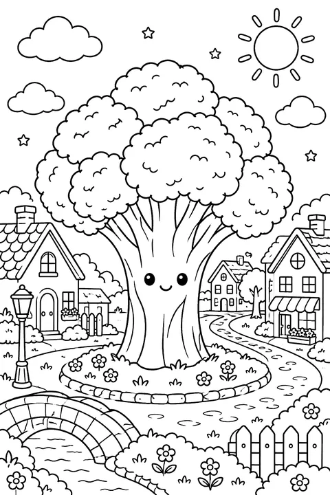a broccoli shaped like a tree in a tiny town coloring page