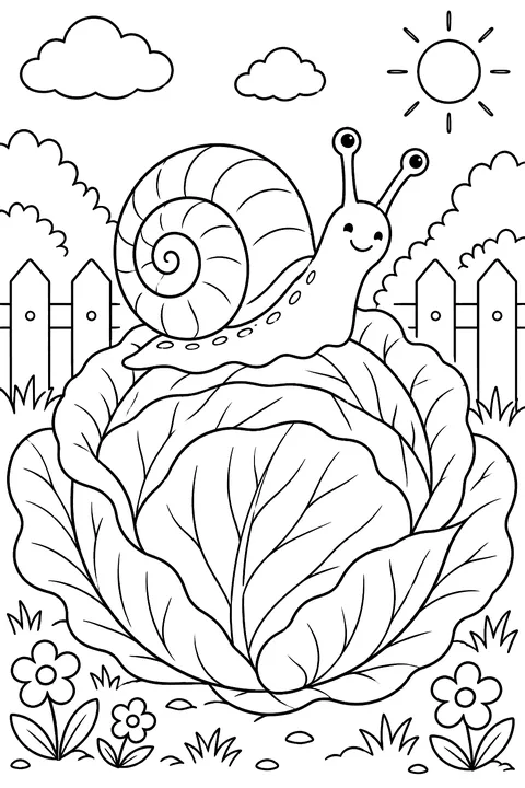 a snail on a big cabbage coloring page