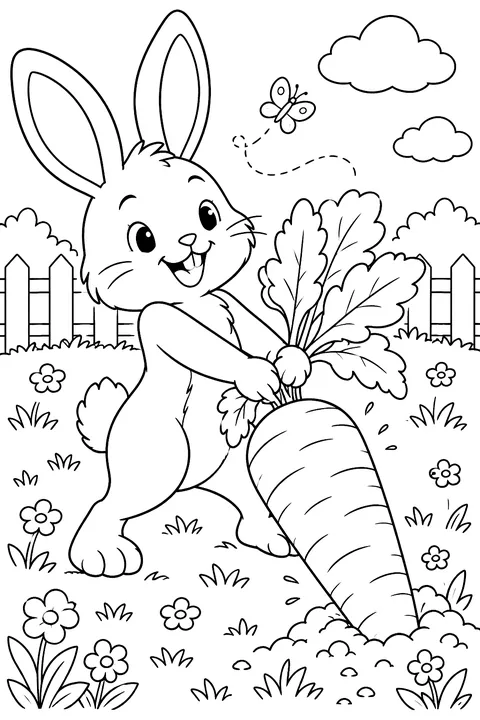 a bunny pulling a giant carrot from the ground coloring page