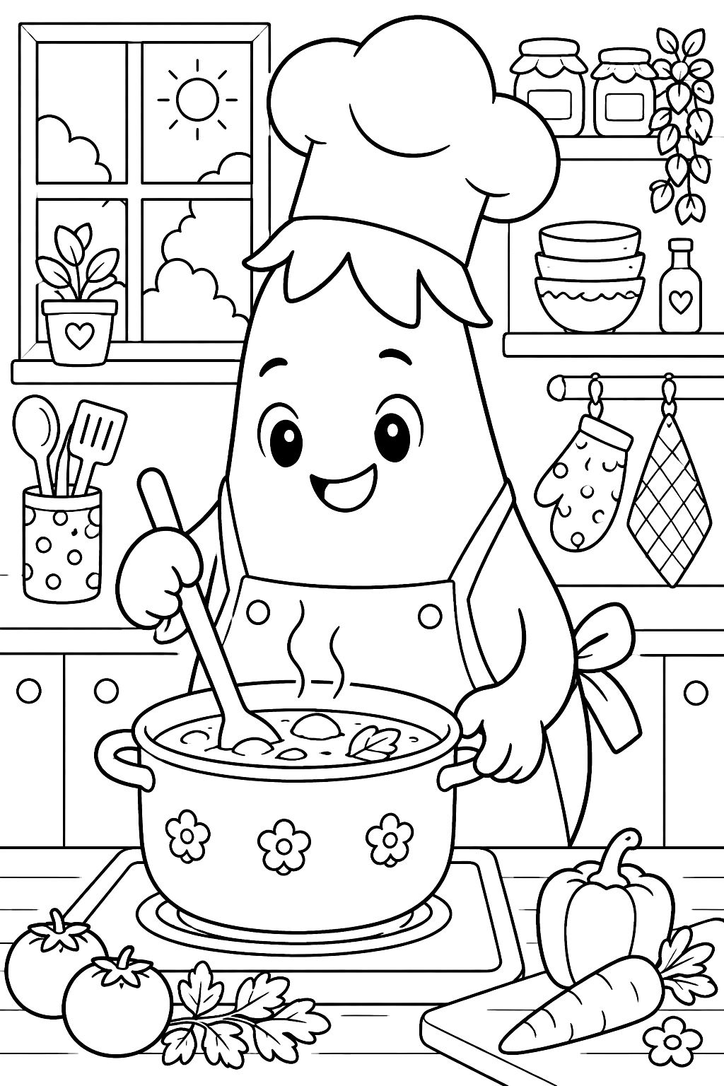 an eggplant chef cooking coloring page