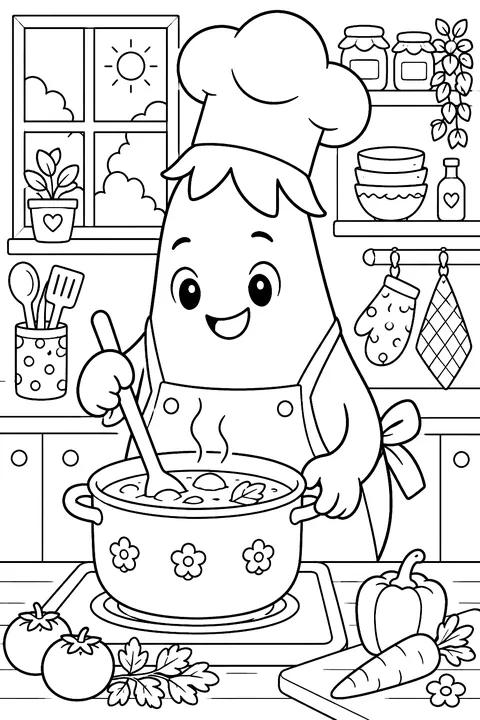 an eggplant chef cooking coloring page