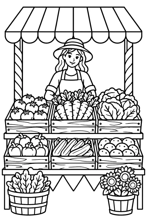 a farmers market stand with vegetable crates coloring page