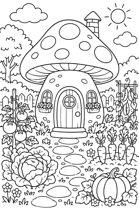 a mushroom house among garden vegetables coloring page