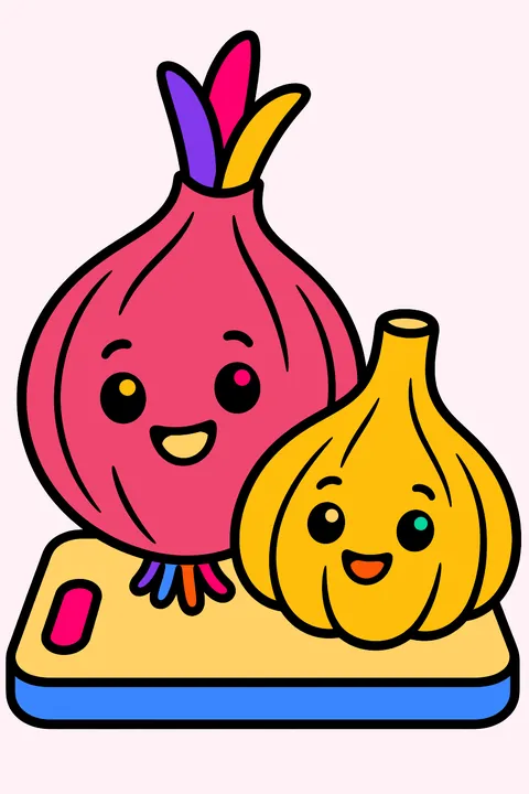 an onion and garlic bulb on a cutting board coloring page