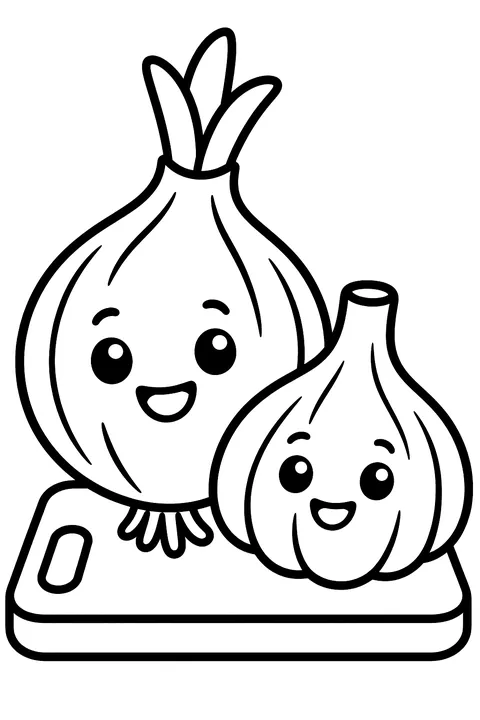 an onion and garlic bulb on a cutting board coloring page