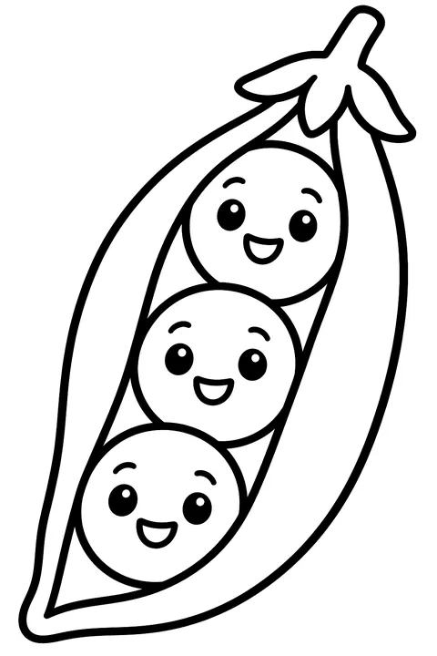 a pea pod opened with smiling peas inside coloring page