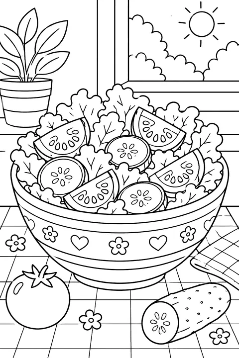 a salad bowl with lettuce, cucumber and tomatoes coloring page