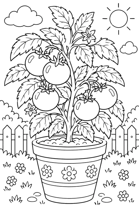 a tomato plant in a pot with ripe tomatoes coloring page