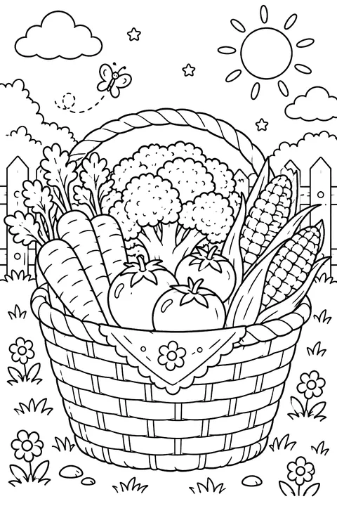 a basket of carrots, broccoli, tomatoes and corn coloring page