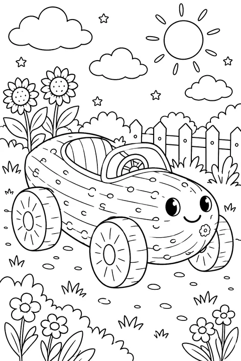 a car made from a cucumber with carrot wheels coloring page