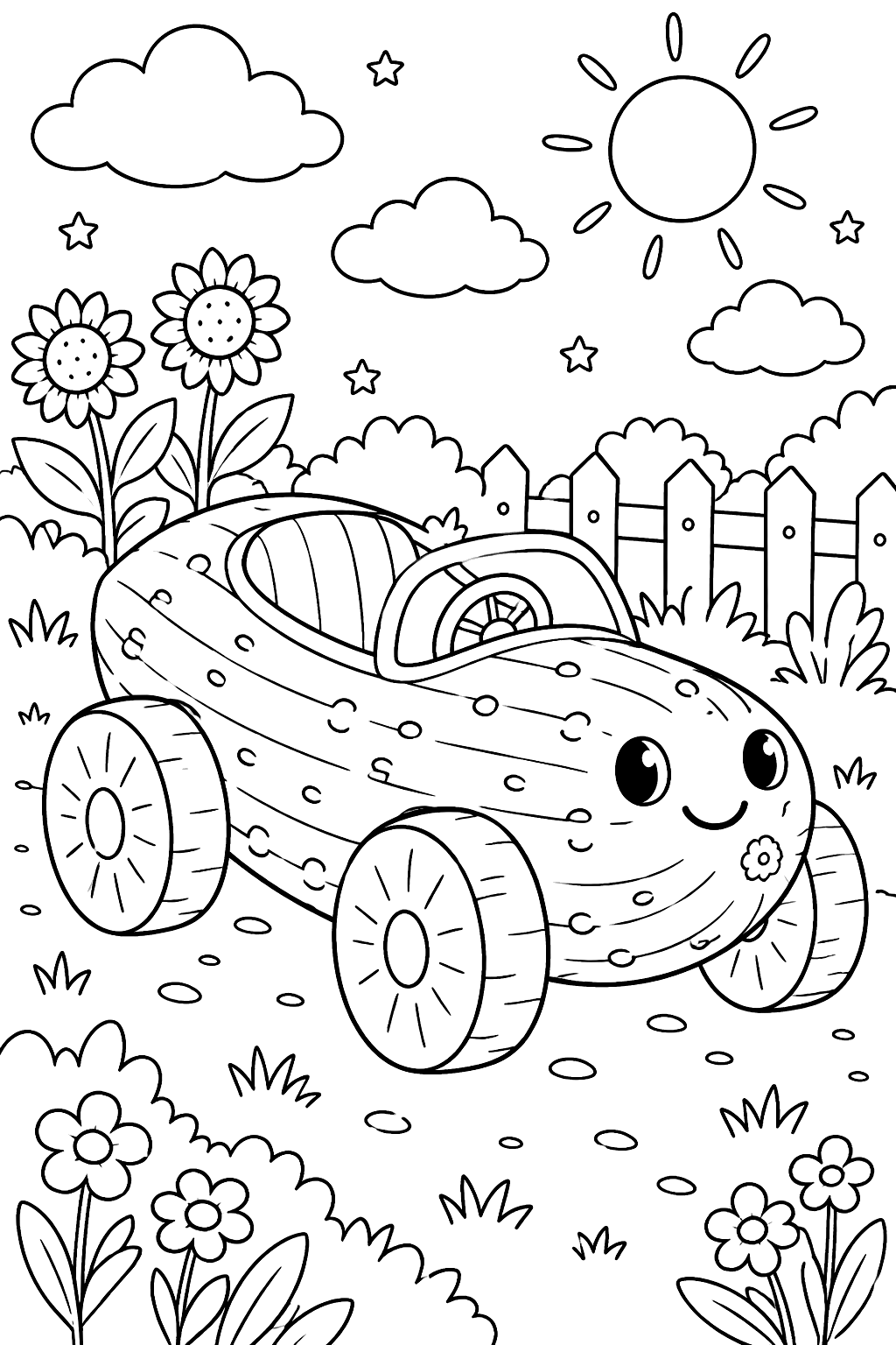 a car made from a cucumber with carrot wheels coloring page