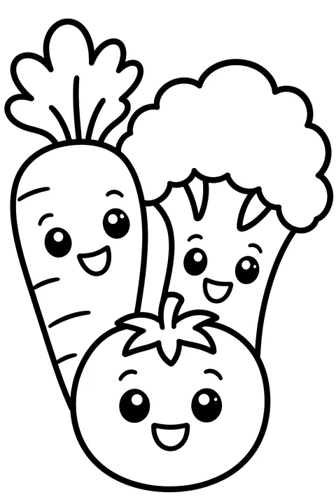 carrot, broccoli and tomato with happy faces coloring page
