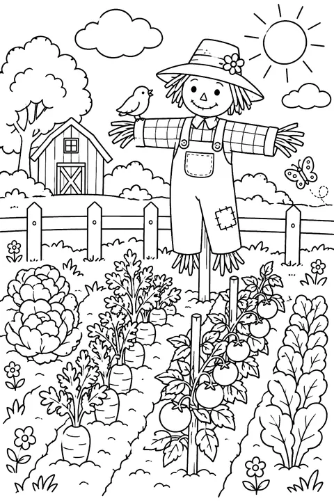 a vegetable garden with rows of plants and a scarecrow coloring page