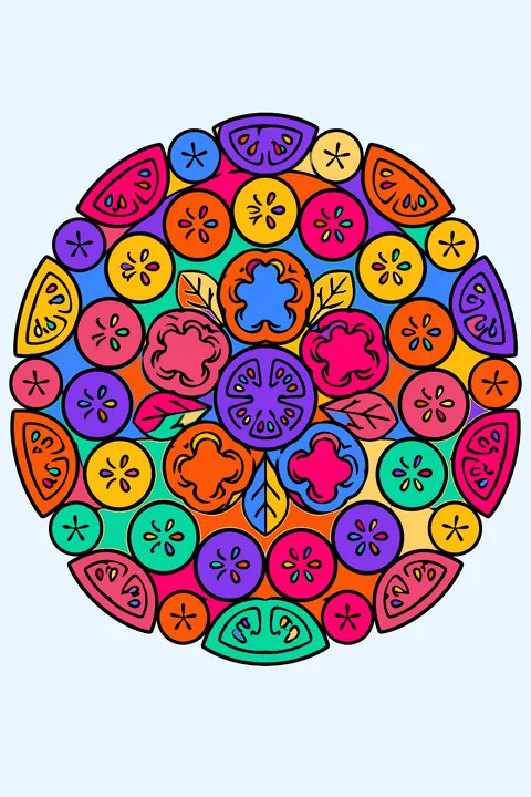 a circular mandala made of vegetable slices coloring page