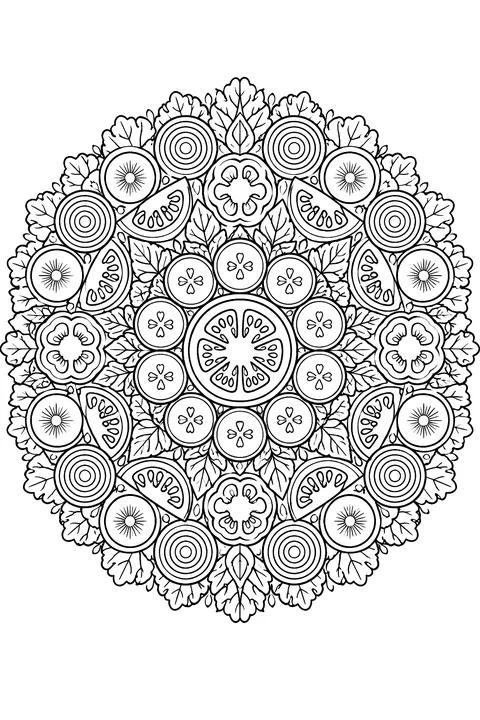 a circular mandala made of vegetable slices coloring page