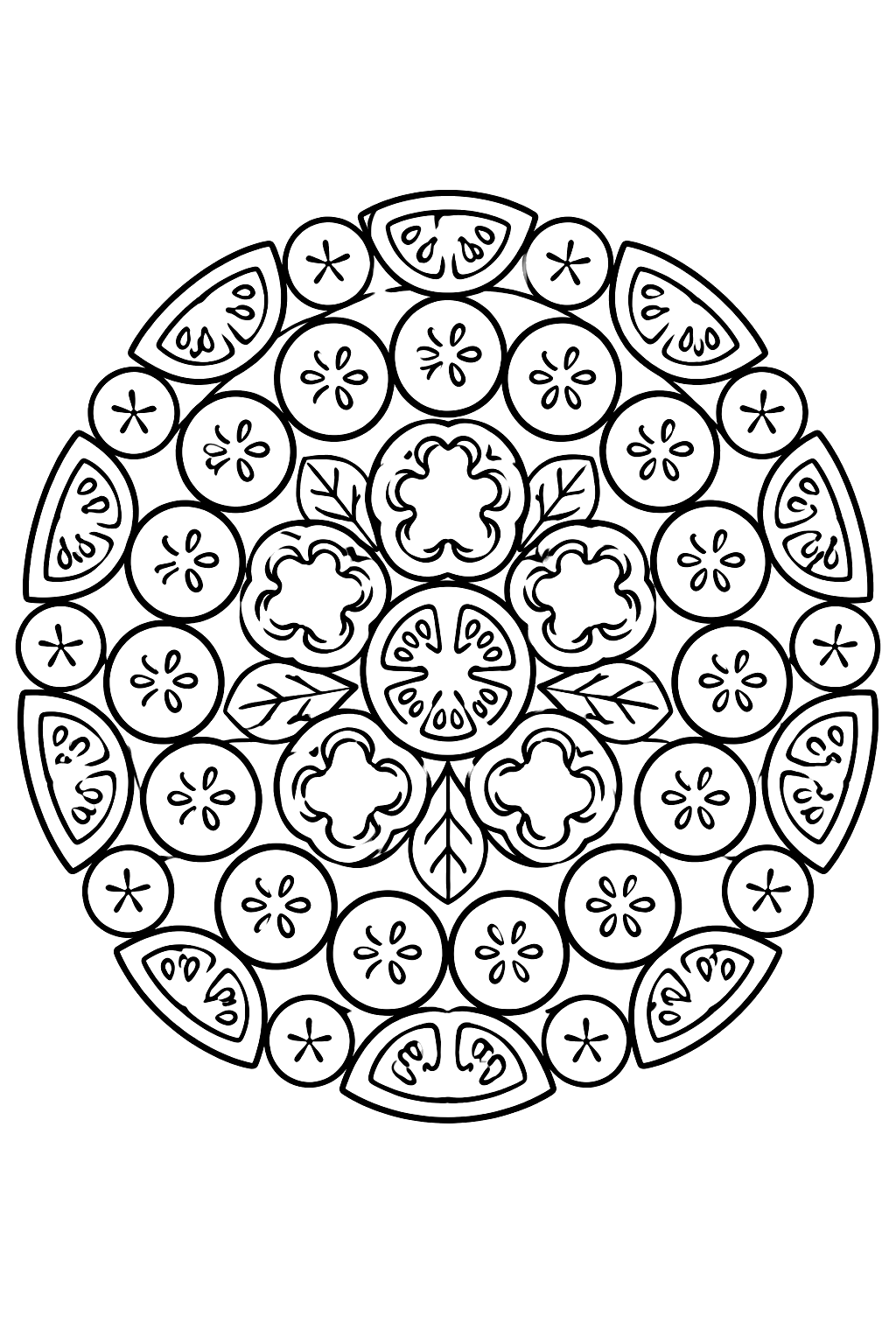 a circular mandala made of vegetable slices coloring page