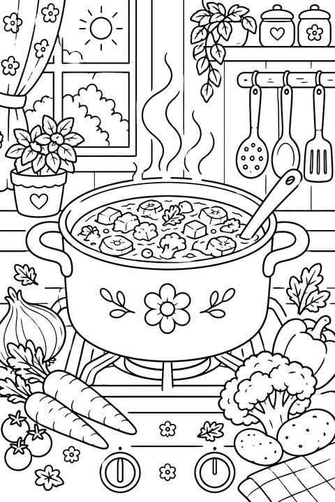 a pot of vegetable soup on a stove with veggies around coloring page