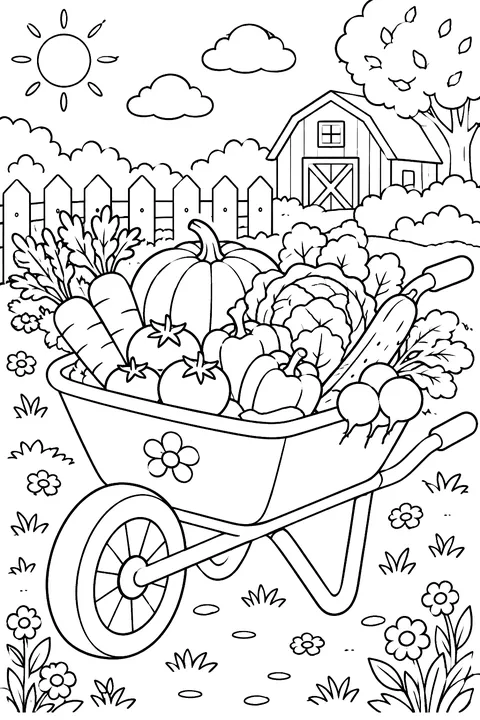 a wheelbarrow full of vegetables coloring page