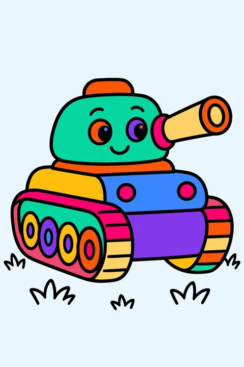 a military tank on a field, friendly style coloring page